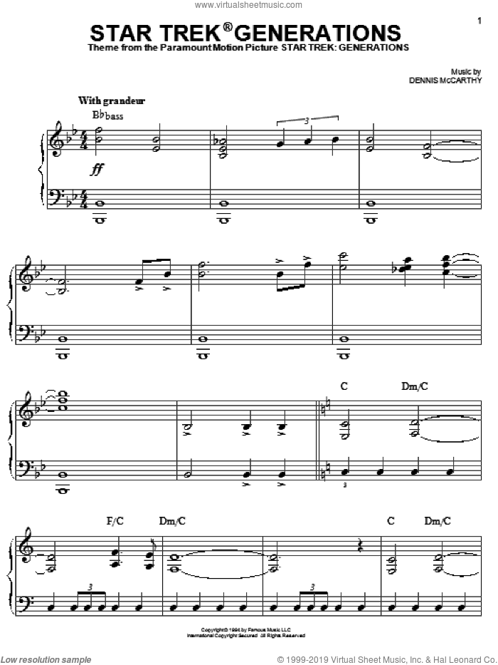 Star Trek Generations sheet music for piano solo by Dennis McCarthy and Star Trek(R), easy skill level