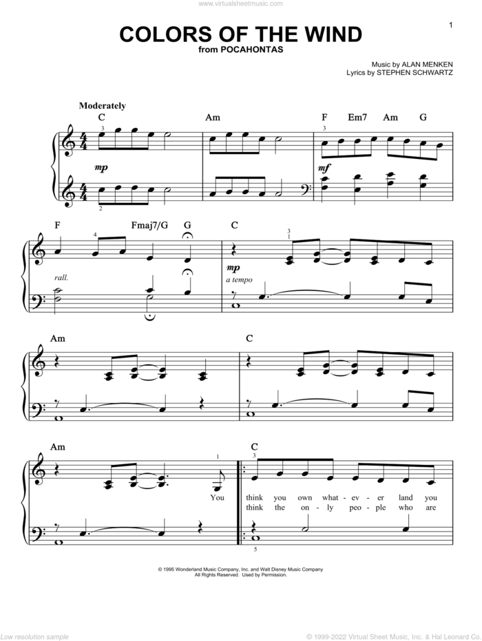 Colors Of The Wind (from Pocahontas), (easy) sheet music for piano solo by Vanessa Williams, Alan Menken and Stephen Schwartz, easy skill level