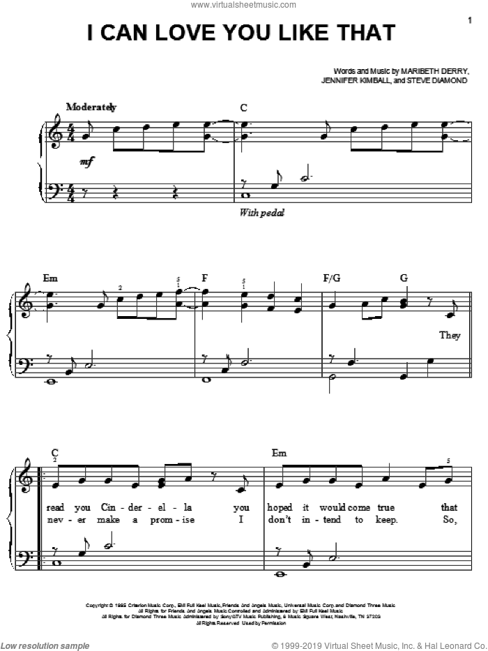 I Can Love You Like That sheet music for piano solo by All-4-One, John Michael Montgomery, Jennifer Kimball, Maribeth Derry and Steve Diamond, wedding score, easy skill level