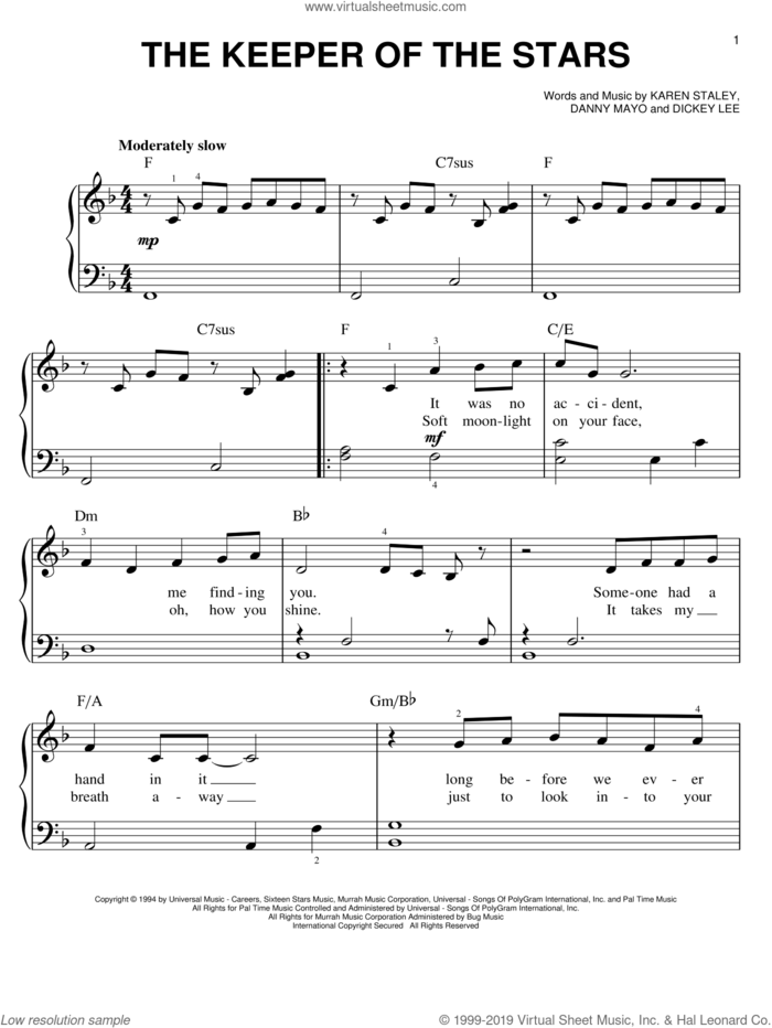 The Keeper Of The Stars sheet music for piano solo by Tracy Byrd, Danny Mayo, Dickey Lee and Karen Staley, wedding score, easy skill level