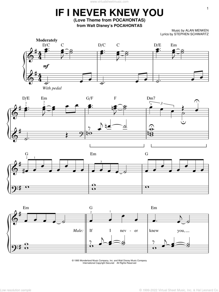 If I Never Knew You (Love Theme from POCAHONTAS) sheet music for piano solo by Jon Secada, Alan Menken and Stephen Schwartz, easy skill level