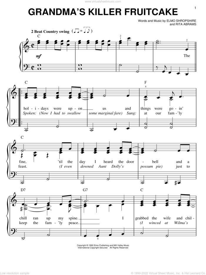 Grandma's Killer Fruitcake sheet music for piano solo by Dr. Elmo, Elmo Shropshire and Rita Abrams, easy skill level