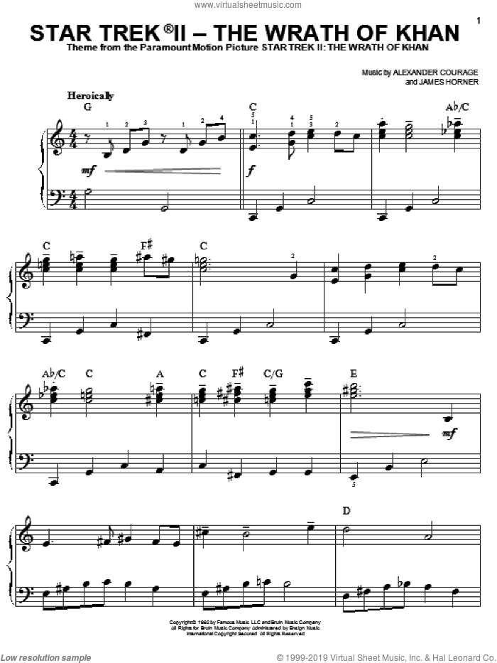 Star Trek(R) II - The Wrath Of Khan sheet music for piano solo by Alexander Courage, Star Trek(R) and James Horner, easy skill level