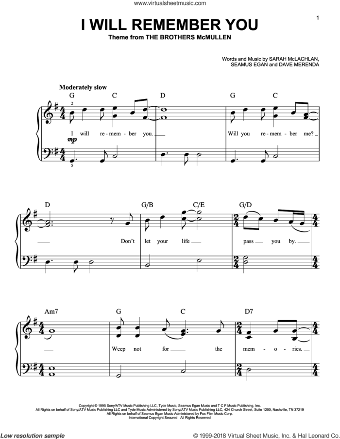 I Will Remember You sheet music for piano solo by Sarah McLachlan, Dave Merenda and Seamus Egan, easy skill level