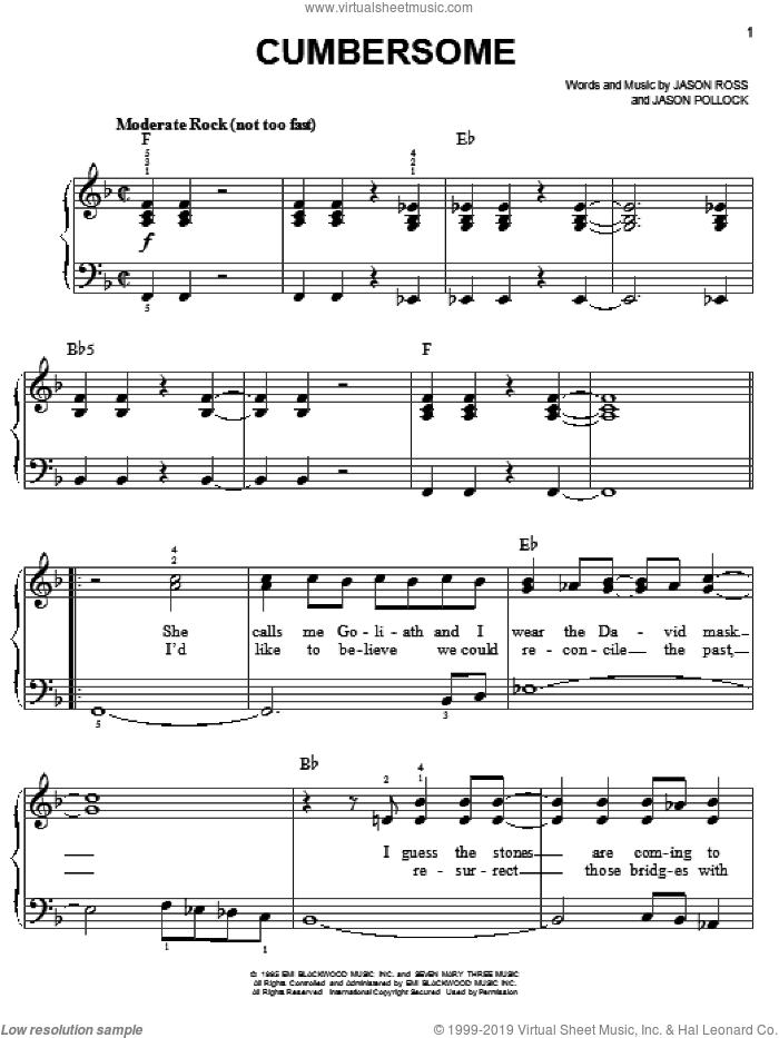 Cumbersome sheet music for piano solo by Seven Mary Three, Jason Pollock and Jason Ross, easy skill level