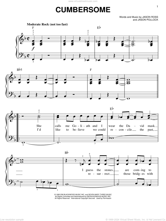 Cumbersome sheet music for piano solo by Seven Mary Three, Jason Pollock and Jason Ross, easy skill level