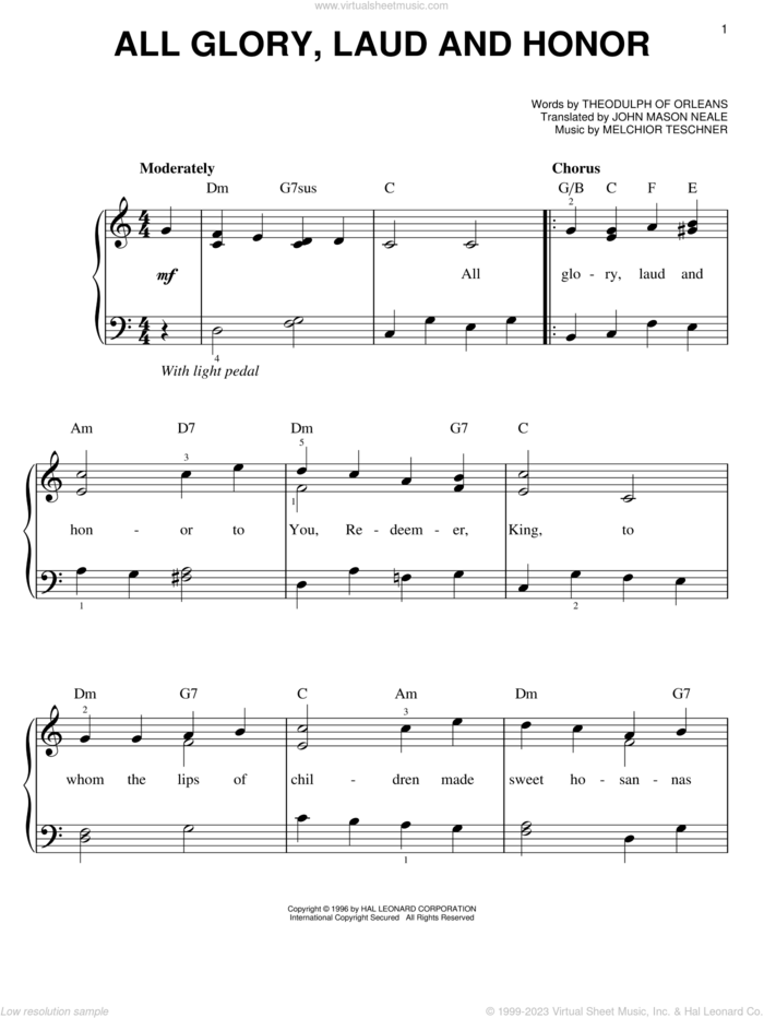 All Glory, Laud And Honor, (easy) sheet music for piano solo by John Mason Neale, Melchior Teschner, Theodulph of Orleans and William Henry Monk, easy skill level