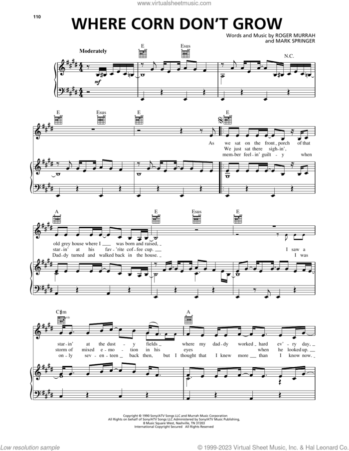 Where Corn Don't Grow sheet music for voice, piano or guitar by Travis Tritt, Mark Springer and Roger Murrah, intermediate skill level