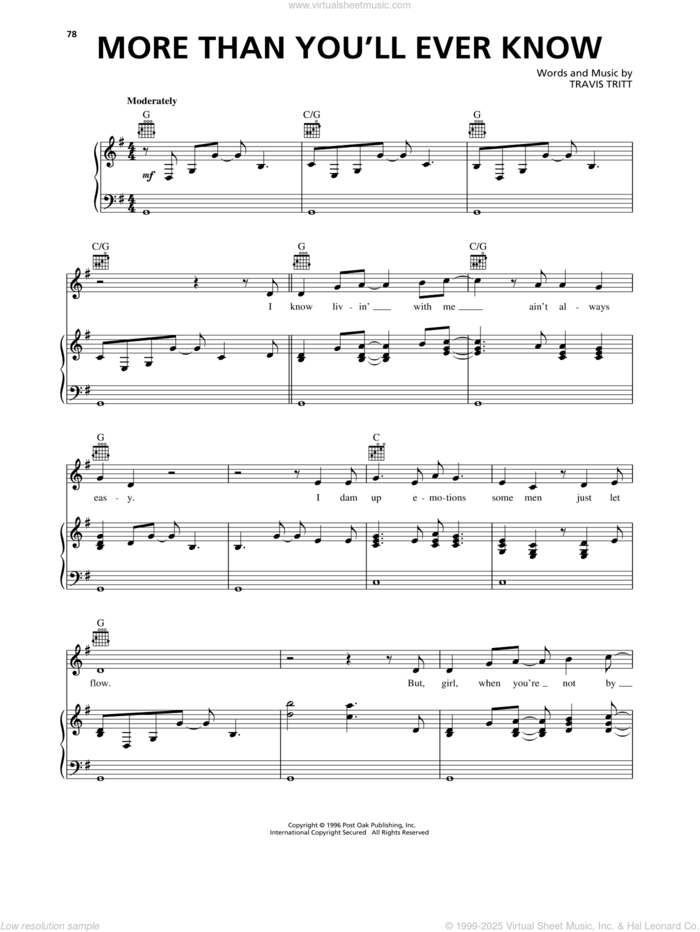 More Than You'll Ever Know sheet music for voice, piano or guitar by Travis Tritt, intermediate skill level