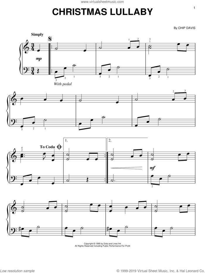 Christmas Lullaby, (easy) sheet music for piano solo by Mannheim Steamroller and Chip Davis, easy skill level