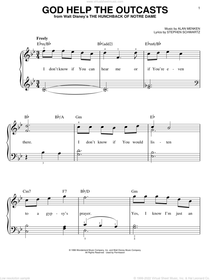 God Help The Outcasts (from The Hunchback Of Notre Dame) sheet music for piano solo by Bette Midler, Alan Menken and Stephen Schwartz, easy skill level