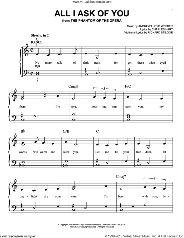 All I Ask Of You (from The Phantom Of The Opera), (easy) sheet music for piano solo by Andrew Lloyd Webber, Barbra Streisand, The Phantom Of The Opera (Musical), Charles Hart and Richard Stilgoe, wedding score, easy skill level