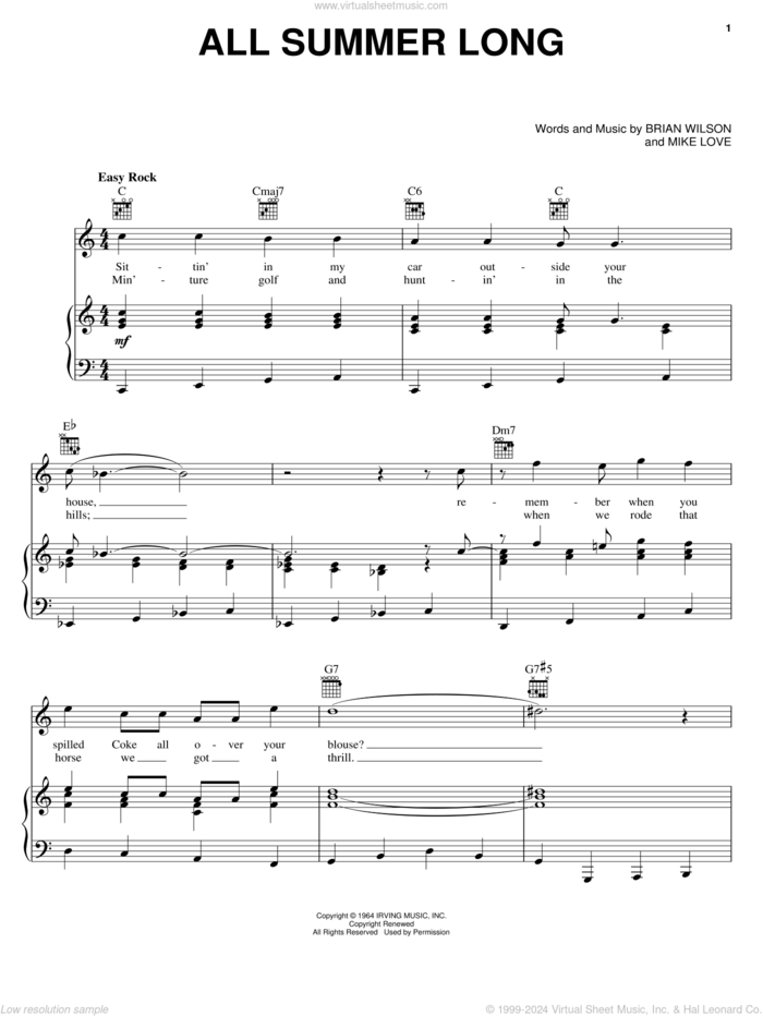 All Summer Long sheet music for voice, piano or guitar by The Beach Boys, Brian Wilson and Mike Love, intermediate skill level