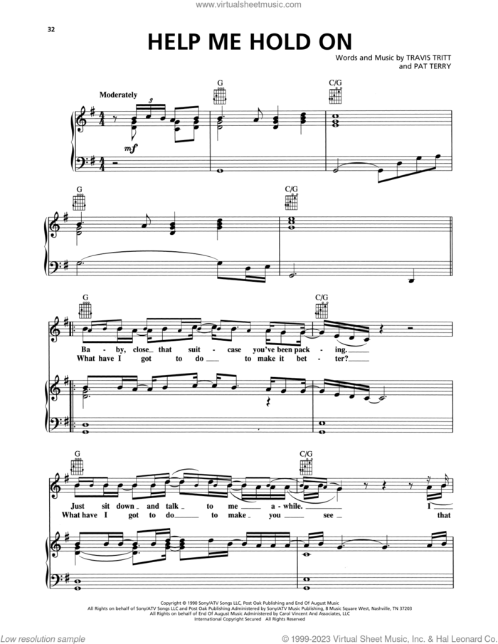 Help Me Hold On sheet music for voice, piano or guitar by Travis Tritt and Pat Terry, intermediate skill level