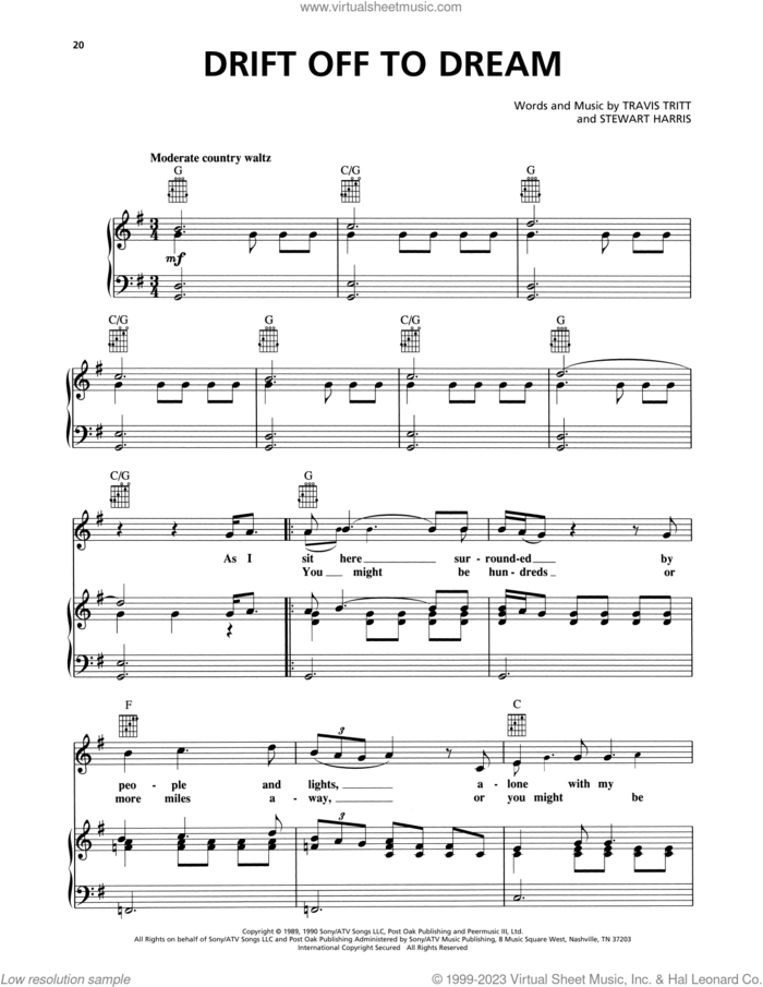 Drift Off To Dream sheet music for voice, piano or guitar by Travis Tritt and Stewart Harris, intermediate skill level