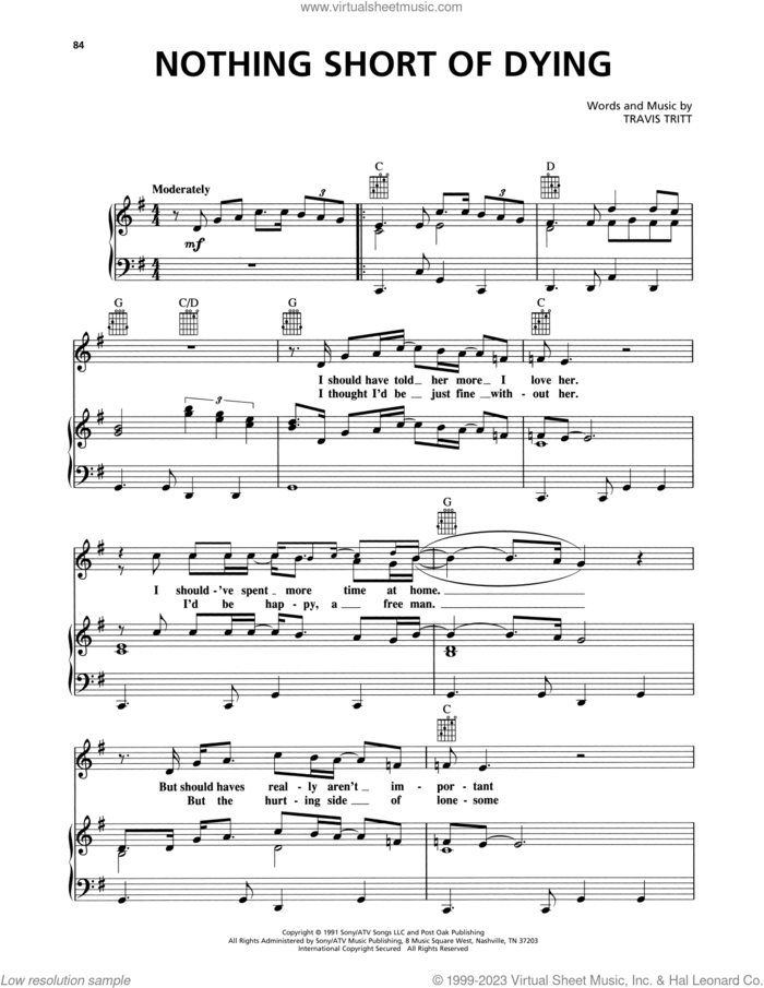 Nothing Short Of Dying sheet music for voice, piano or guitar by Travis Tritt, intermediate skill level