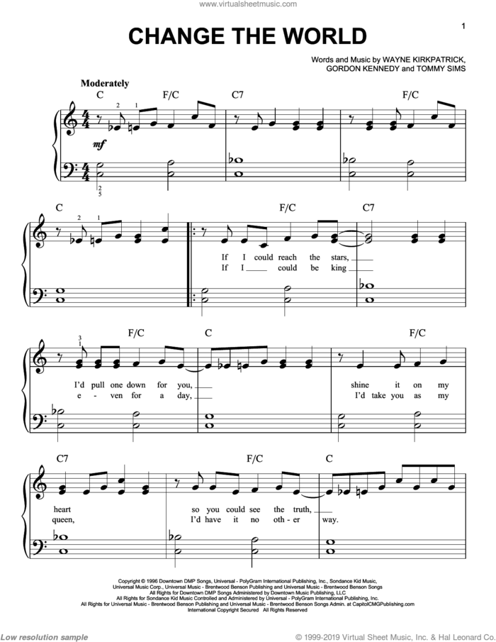 Change The World sheet music for piano solo by Eric Clapton with Wynonna, Eric Clapton, Wynonna, Gordon Kennedy, Tommy Sims and Wayne Kirkpatrick, easy skill level