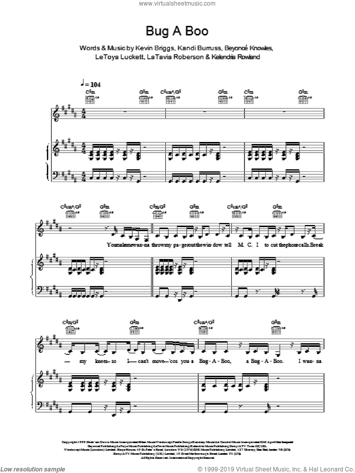 Bug A Boo sheet music for voice, piano or guitar by Destiny's Child, intermediate skill level