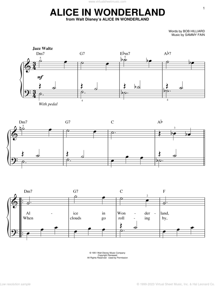 Alice In Wonderland, (easy) sheet music for piano solo by Bill Evans, Bob Hilliard and Sammy Fain, easy skill level