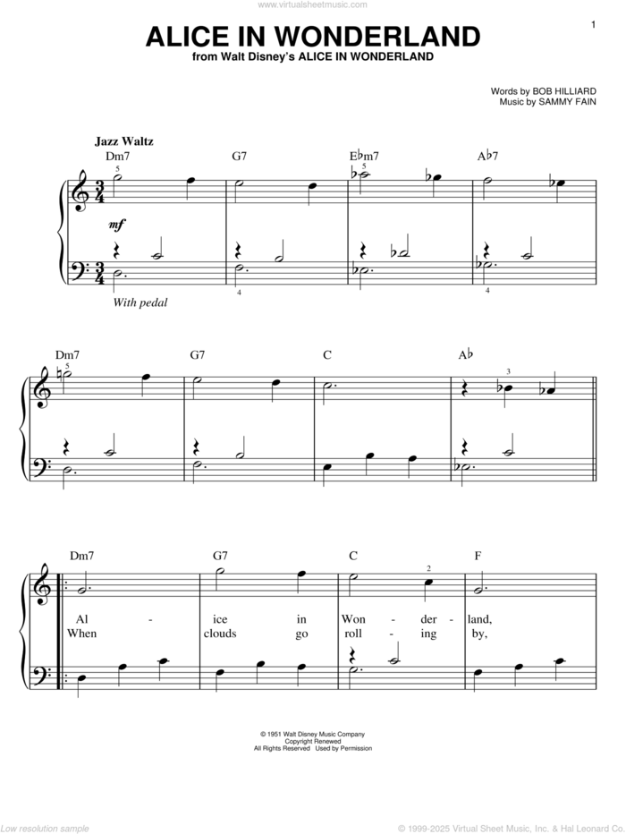 Alice In Wonderland, (easy) sheet music for piano solo by Bill Evans, Bob Hilliard and Sammy Fain, easy skill level