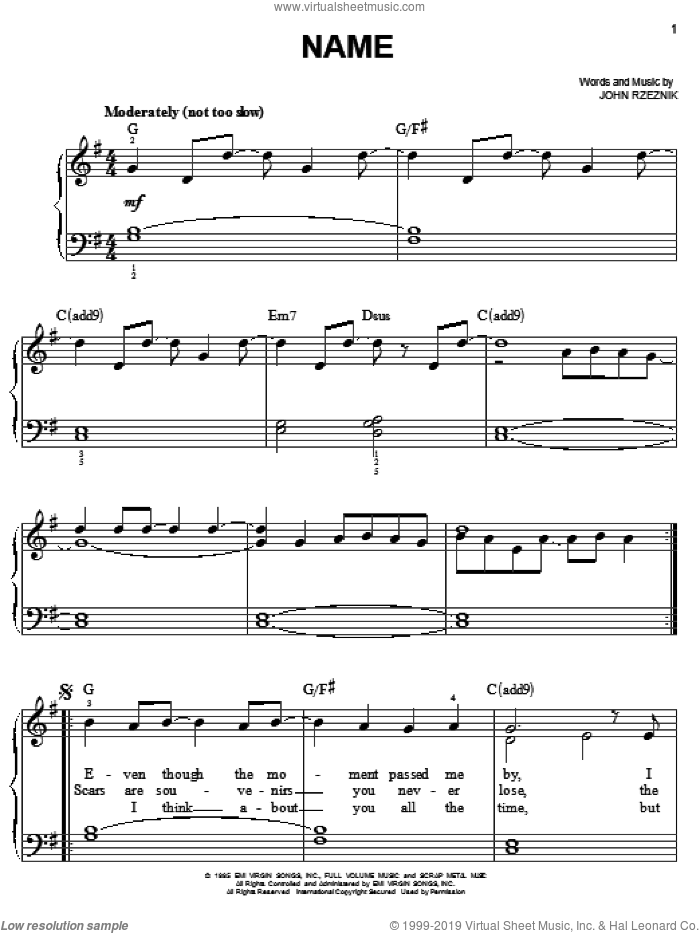 Name sheet music for piano solo by Goo Goo Dolls and John Rzeznik, easy skill level