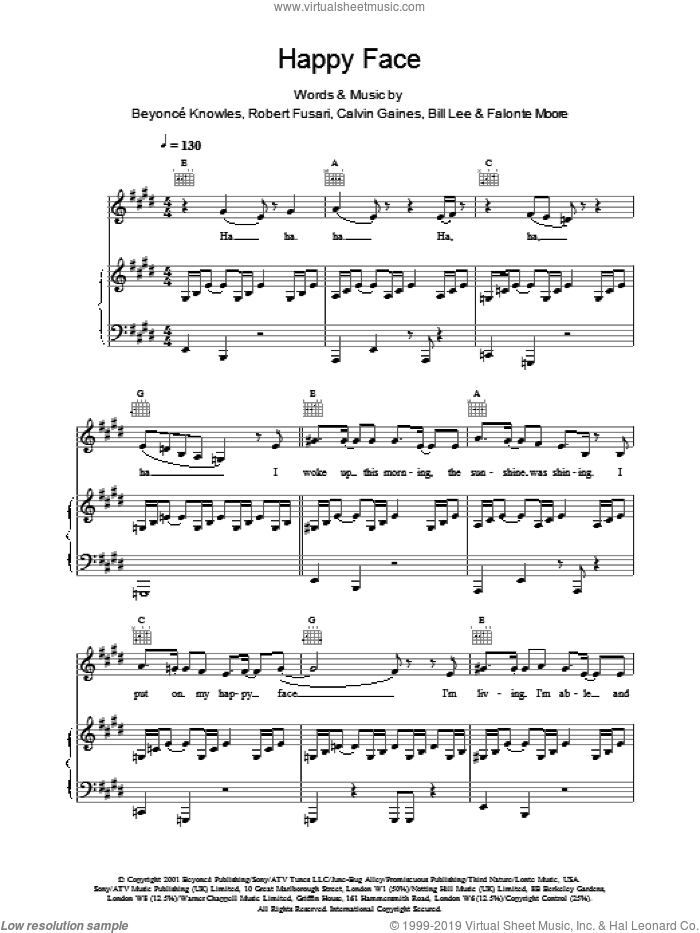 Happy Face sheet music for voice, piano or guitar by Destiny's Child, intermediate skill level