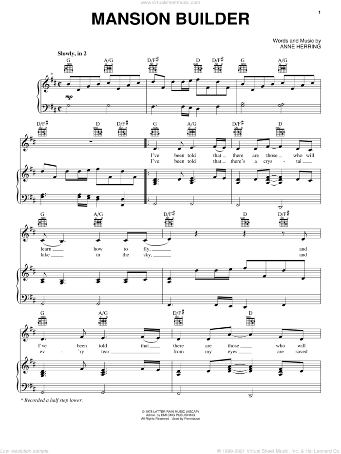 Mansion Builder sheet music for voice, piano or guitar by 2nd Chapter Of Acts and Anne Herring, intermediate skill level