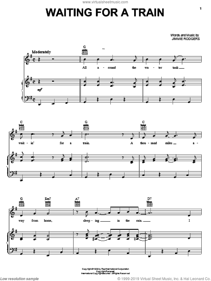 Waiting For A Train sheet music for voice, piano or guitar by Jimmie Rodgers, intermediate skill level