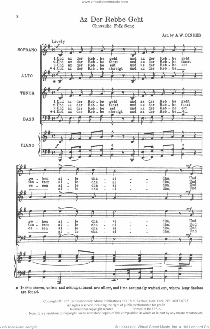 Az Der Rebbe Geht (arr. A.W. Binder) sheet music for choir (SATB: soprano, alto, tenor, bass) by Chassidic Folk Song and A.W. Binder, intermediate skill level