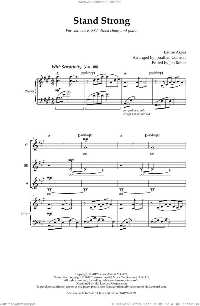 Stand Strong (arr. Jonathan Comisar) sheet music for choir (SSA: soprano, alto) by Laurie Akers and Jonathan Comisar, intermediate skill level