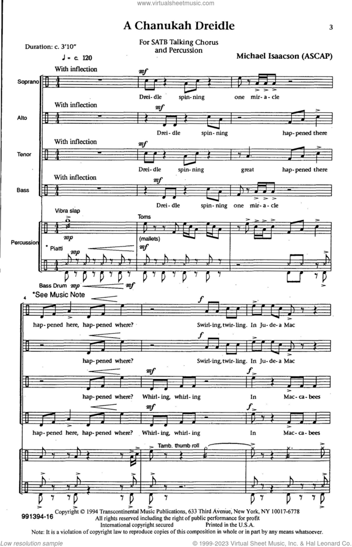A Chanukah Dreidle sheet music for choir (SATB: soprano, alto, tenor, bass) by Michael Isaacson, intermediate skill level