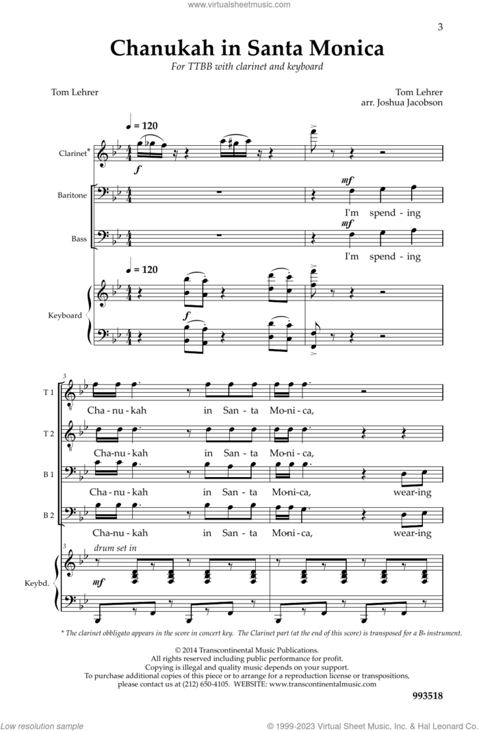 Chanukah in Santa Monica (arr. Joshua Jacobson) sheet music for choir (TTBB: tenor, bass) by Tom Lehrer and Joshua Jacobson, intermediate skill level