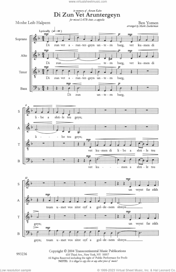 Di Zun Vet Aruntergeyn (The Sun Will Set) (arr. Mark Zuckerman) sheet music for choir (SATB: soprano, alto, tenor, bass) by Ben Yomin, Mark Zuckerman and Moshe Leib Halpern, intermediate skill level