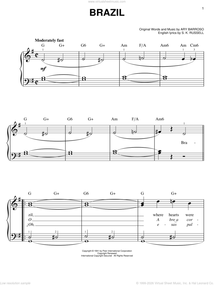 Brazil, (easy) sheet music for piano solo by The Ritchie Family, Ary Barroso and S.K. Russell, easy skill level