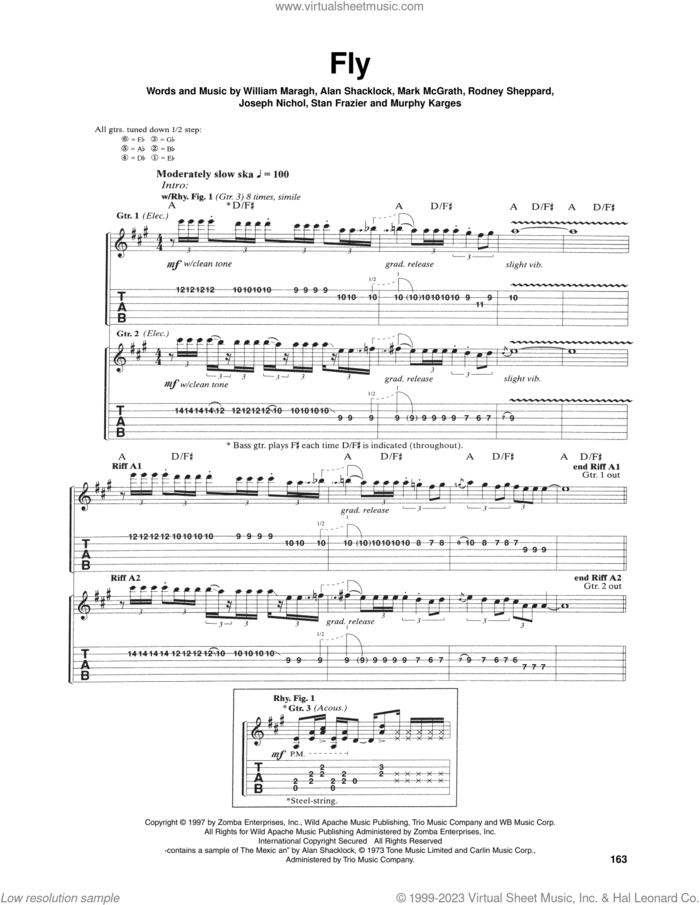 Fly sheet music for guitar (tablature) by Sugar Ray, Alan Shacklock, Joseph Nichol, Mark McGrath, Murphy Karges, Rodney Sheppard, Stan Frazier and William Maragh, intermediate skill level