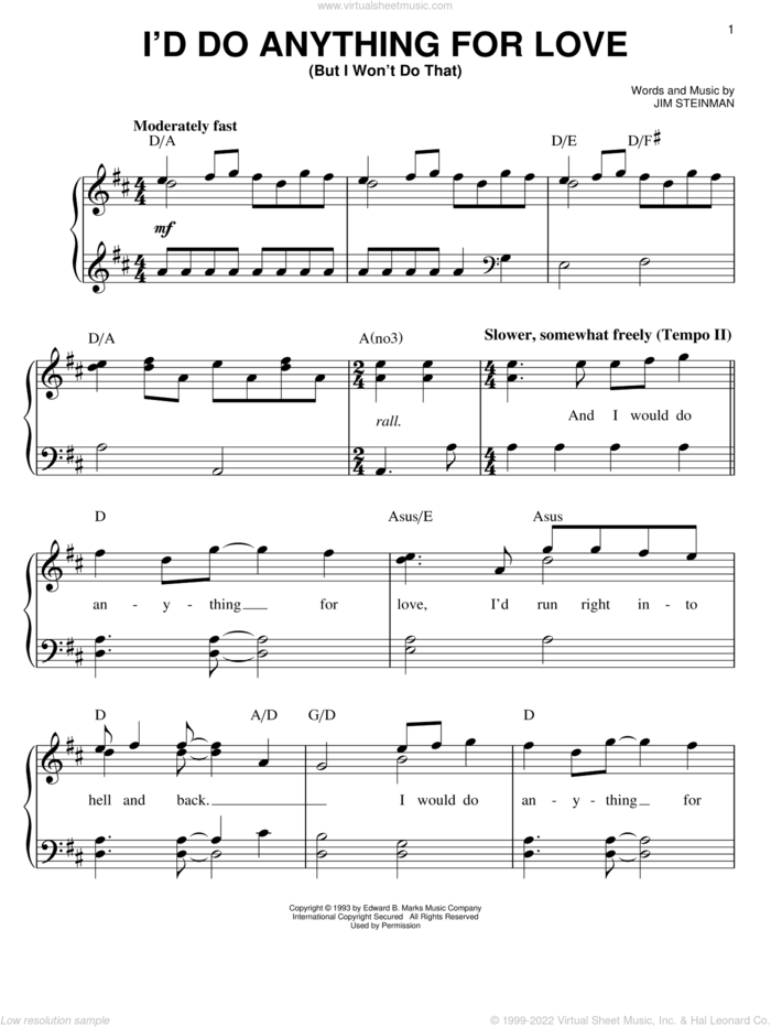 I'd Do Anything For Love (But I Won't Do That) sheet music for piano solo by Meat Loaf and Jim Steinman, easy skill level