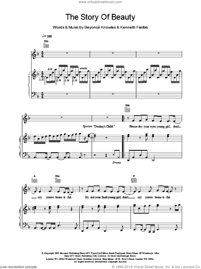 The Story Of Beauty sheet music for voice, piano or guitar by Destiny's Child, intermediate skill level