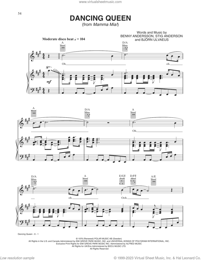 Dancing Queen (from Mamma Mia!) sheet music for voice, piano or guitar by ABBA, Benny Andersson, Bjorn Ulvaeus and Stig Anderson, intermediate skill level