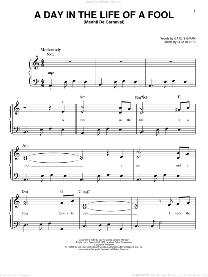 A Day In The Life Of A Fool (Manha De Carnaval) sheet music for piano solo by Carl Sigman and Luiz Bonfa, easy skill level