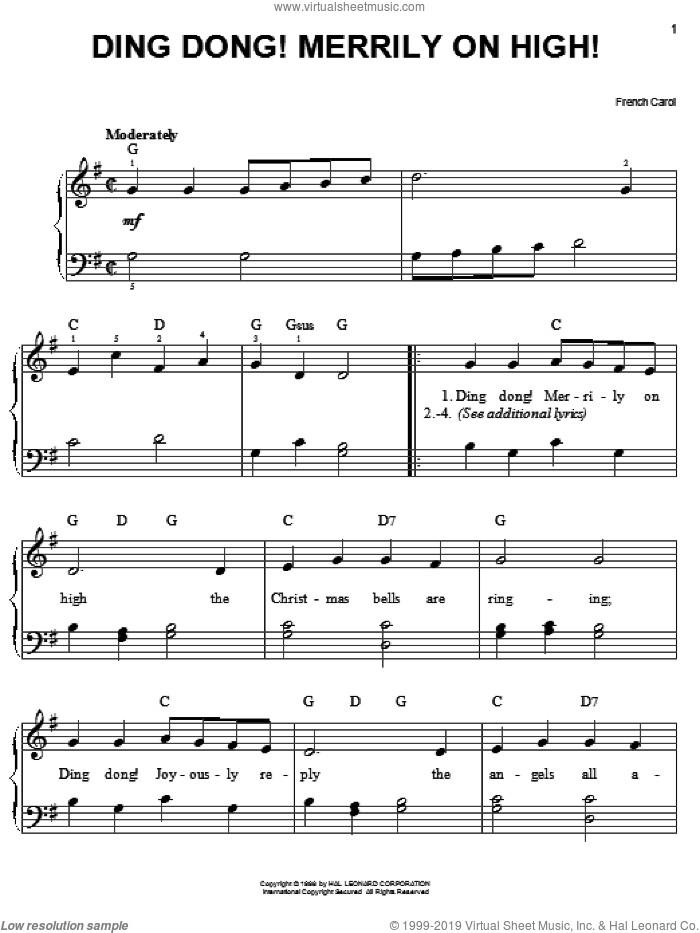 Ding Dong! Merrily On High! sheet music for piano solo, easy skill level