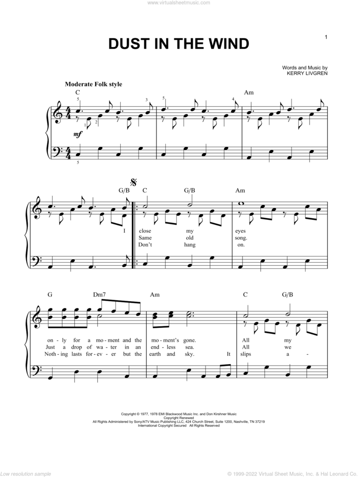 Dust In The Wind, (easy) sheet music for piano solo by Kansas and Kerry Livgren, easy skill level