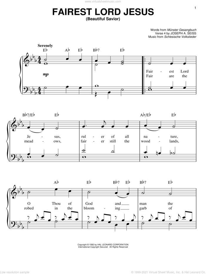 Fairest Lord Jesus, (easy) sheet music for piano solo by Munster Gesangbuch, Joseph August Seiss and Schlesische Volkslieder, easy skill level