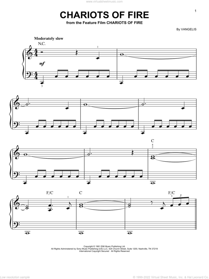Chariots Of Fire, (easy) sheet music for piano solo by Vangelis, easy skill level