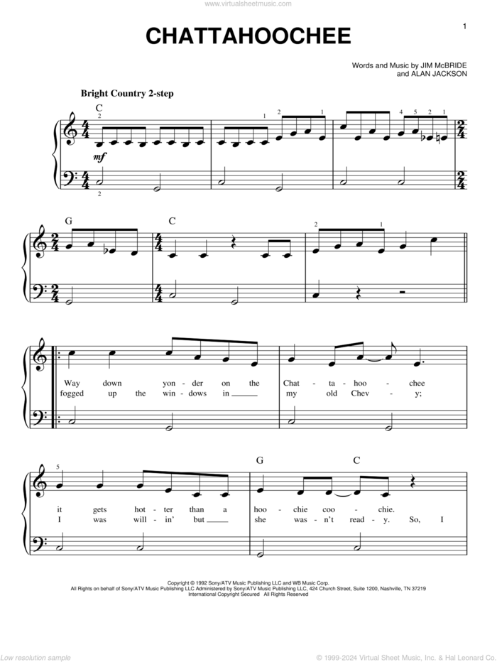 Chattahoochee sheet music for piano solo by Alan Jackson and Jim McBride, easy skill level
