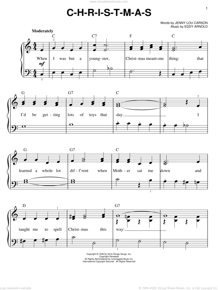 C-H-R-I-S-T-M-A-S, (easy) sheet music for piano solo by Eddy Arnold and Jenny Lou Carson, easy skill level
