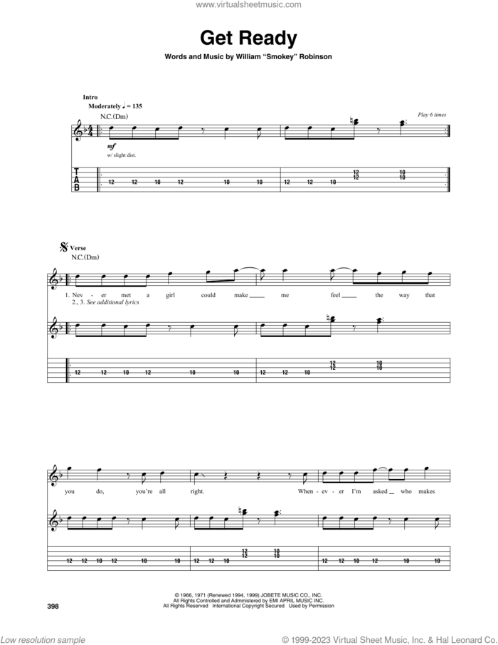 Get Ready sheet music for guitar (tablature) by Rare Earth and The Temptations, intermediate skill level