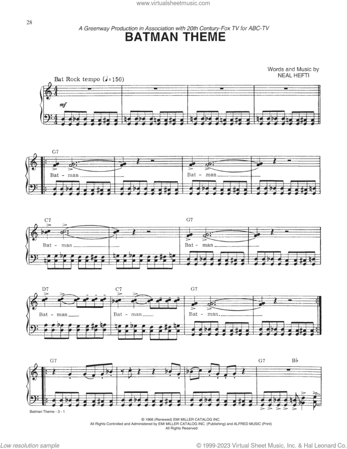 Batman Theme sheet music for voice and piano by Neal Hefti and Marketts, intermediate skill level