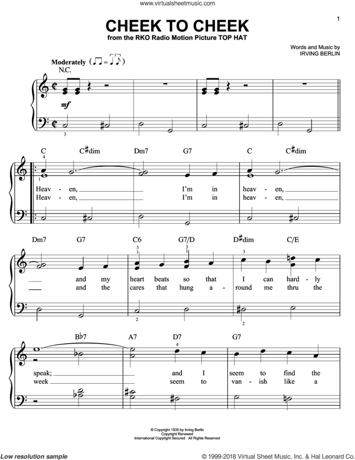 Cheek To Cheek sheet music for piano solo by Irving Berlin, easy skill level