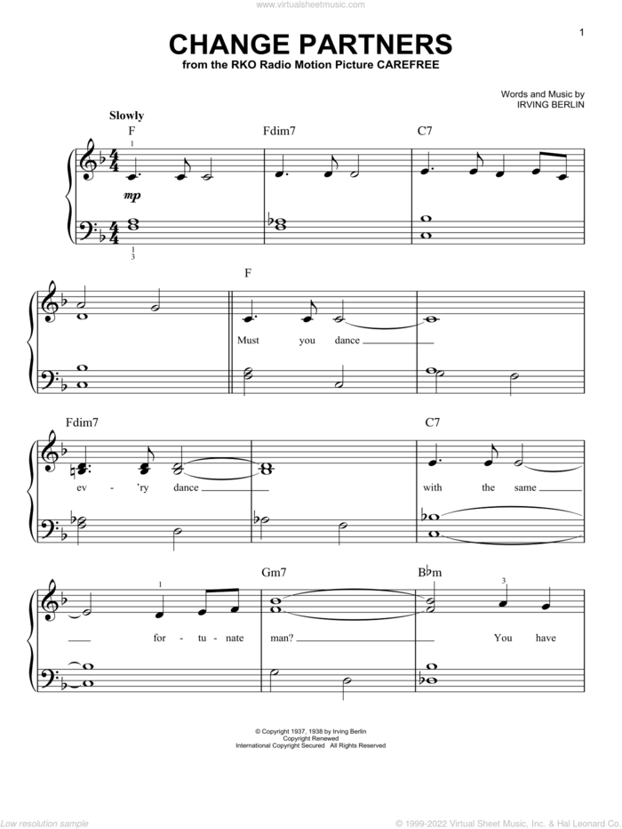 Change Partners sheet music for piano solo by Irving Berlin, easy skill level