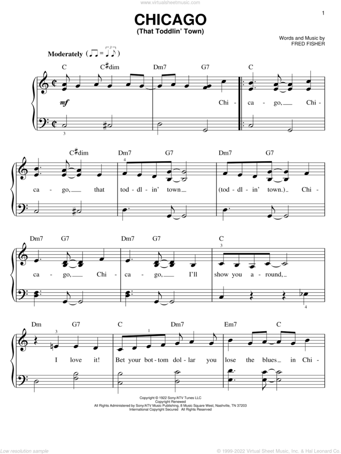 Chicago (That Toddlin' Town) sheet music for piano solo by Frank Sinatra and Fred Fisher, easy skill level